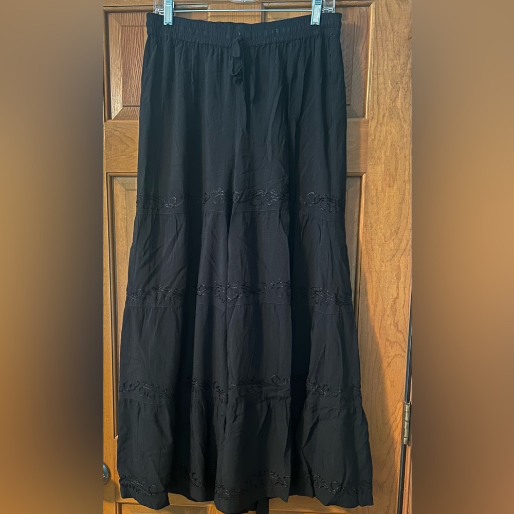 Wide Leg Black Tiered Pants with Embroidered Detail
